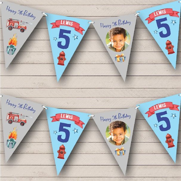 5th Birthday Boy Kids Fire Fighter Fire Truck Photo Any Age Custom Personalised Flag Banner Bunting