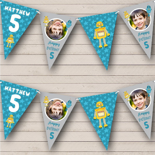 5th Birthday Boy Robot Photo Blue Stars Any Age Custom Personalised Flag Banner Bunting