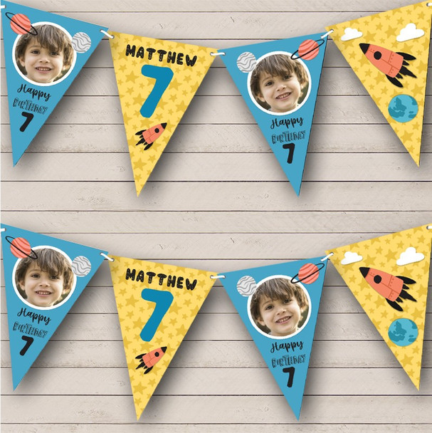 7th Birthday Boy Out Of Space Stars Yellow Photo Any Age Custom Personalised Flag Banner Bunting