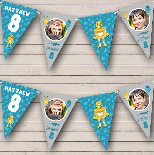 8th Birthday Boy Robot Photo Blue Stars Any Age Custom Personalised Flag Banner Bunting