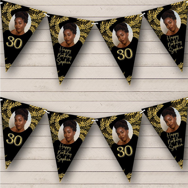 Black Gold Leaves Birthday Special Age Photo Custom Personalised Party Flag Banner Bunting