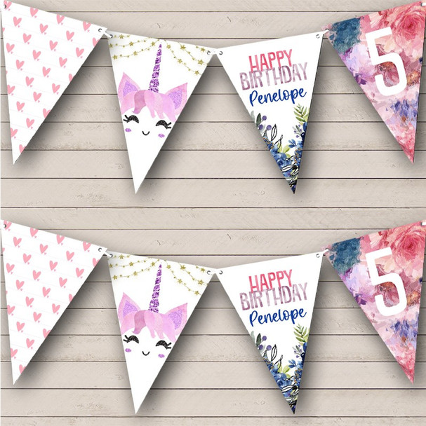 Colourful Unicorn Pastel Floral Birthday Hearts Custom Personalised Flag Banner Bunting