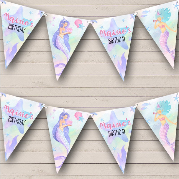 Kid's Birthday Watercolour Pastel Mermaids Custom Personalised Party Flag Banner Bunting