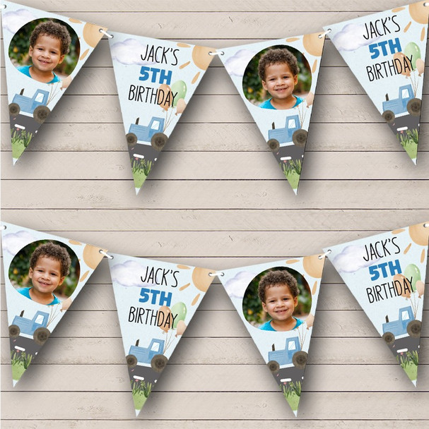Watercolour Blue Tractor Balloon Birthday Photo Custom Personalised Flag Banner Bunting