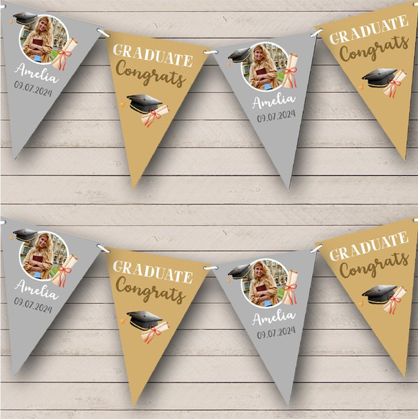 Graduate Congrats Photo Gold Silver Hat Graduation Custom Personalised Flag Banner Bunting