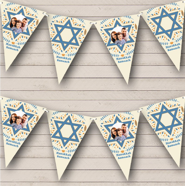 Happy Hanukkah Blue Cream Star Of David Photo Custom Personalised Party Flag Banner Bunting