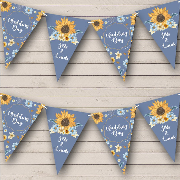 Blue Yellow Pastel Sunflowers Wedding Day Custom Personalised Party Flag Banner Bunting