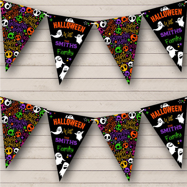 Colourful Skulls With Ghosts Custom Personalised Decor Halloween Party Flag Banner Bunting