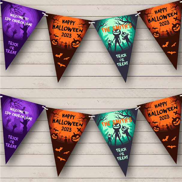 Trick Or Treat Scary Scene Custom Personalised Decor Halloween Party Flag Banner Bunting