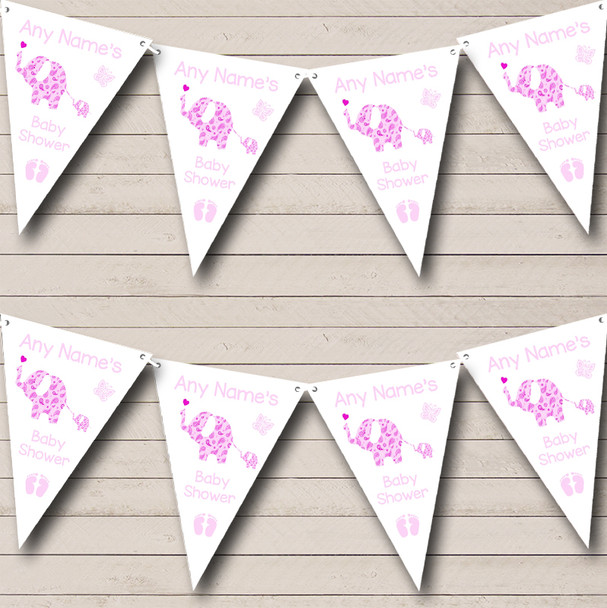Cute Elephants Girl Pink Custom Personalised Baby Shower Flag Banner Bunting