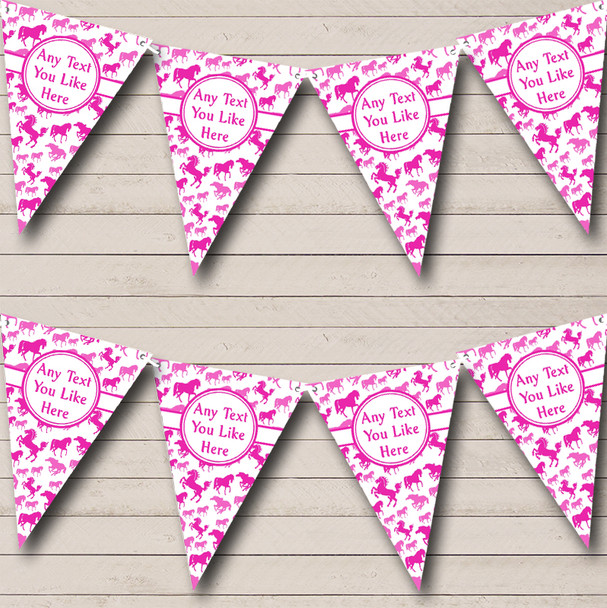 Bright Pink Horses Custom Personalised Children's Birthday Party Flag Banner Bunting