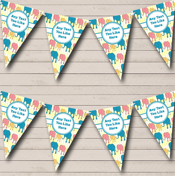 Blue & Yellow Cute Elephants Custom Personalised Children's Birthday Party Flag Banner Bunting