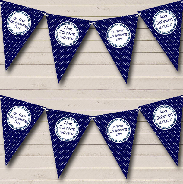 Polkadot Navy Blue Custom Personalised Christening Baptism Flag Banner Bunting