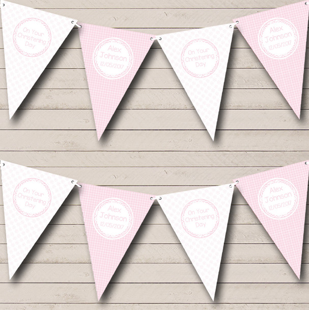 Girl Pink Flowers & Check Custom Personalised Christening Baptism Flag Banner Bunting