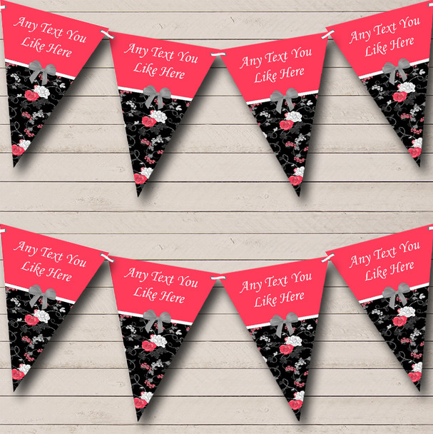 Coral Pink & Black Shabby Chic Vintage Custom Personalised Engagement Party Flag Banner Bunting