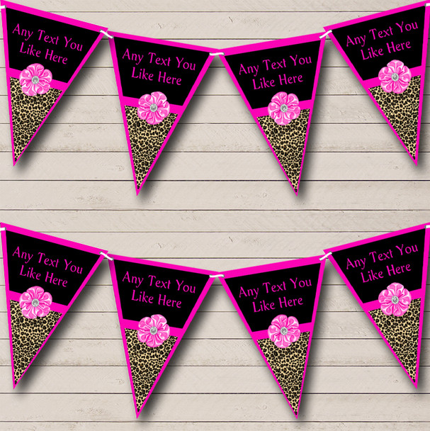 Leopard Print Bright Pink Bow Custom Personalised Hen Do Night Party Flag Banner Bunting