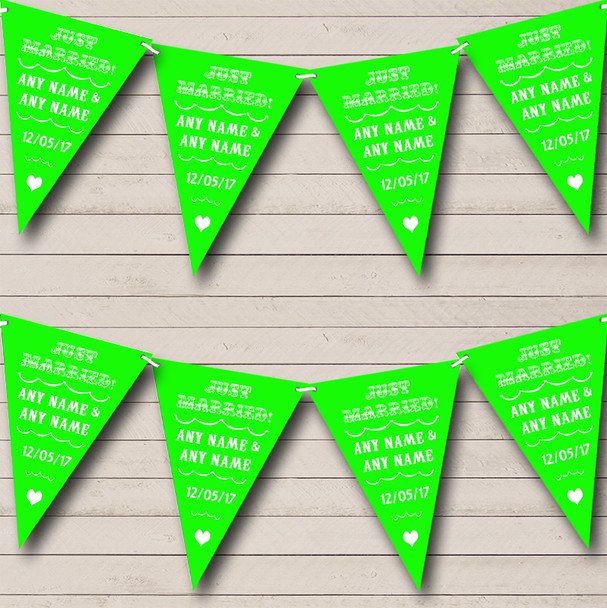 Vintage Just Married Lime Green Custom Personalised Wedding Venue or Reception Flag Banner Bunting