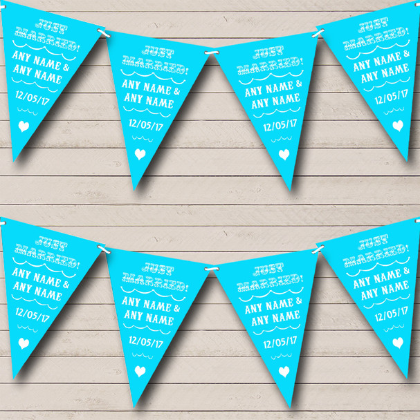 Vintage Just Married Aqua Blue Custom Personalised Wedding Venue or Reception Flag Banner Bunting