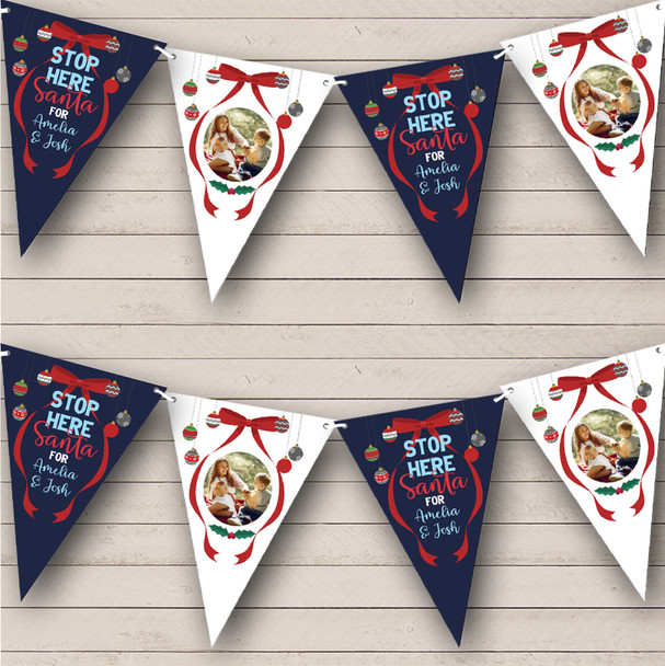 Stop Here Santa Bow Blue Photo Personalised Christmas Banner Decoration Bunting