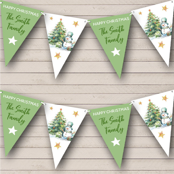 Happy Christmas Family Snowman Green Personalised Christmas Decoration Bunting