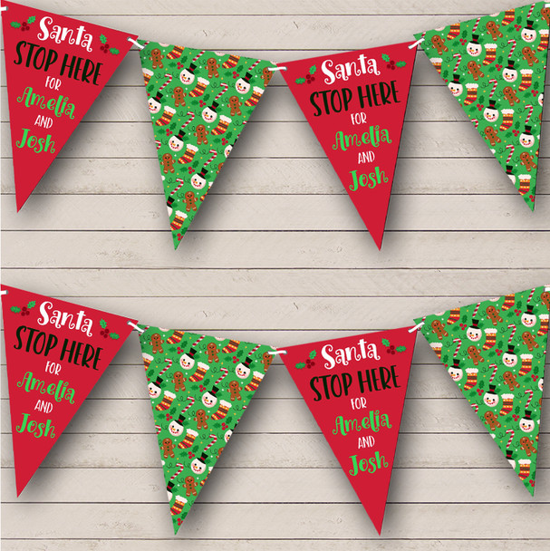Santa Stop Here Red Green Pattern Personalised Christmas Decoration Bunting