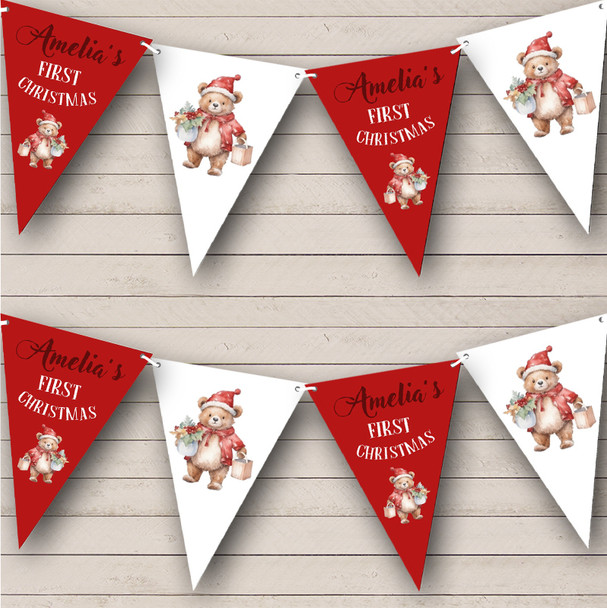 First Christmas Baby Teddy Bear Santa Red Personalised Christmas Bunting