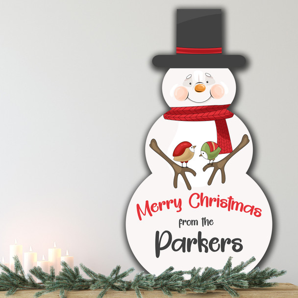 Holding Birds Personalised Snowman Decoration Christmas Indoor Outdoor Sign