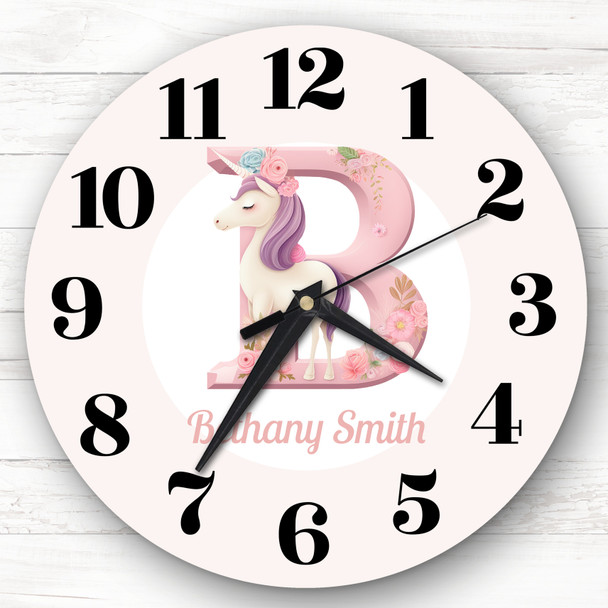 Pink Unicorn Alphabet Letter B Girls Room Custom Gift Personalised Clock