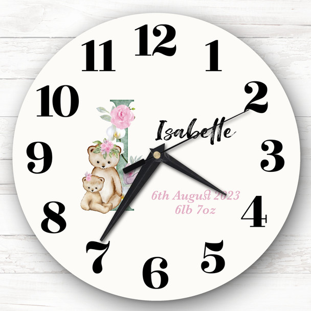 Baby Floral Watercolour Animal Alphabet Letter I Gift Personalised Clock