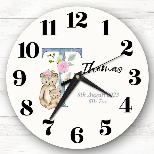 Baby Floral Watercolour Animal Alphabet Letter T Gift Personalised Clock