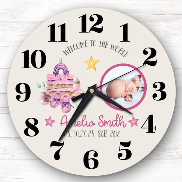 New Baby Girl Pink Photo Neutral Personalised Gift Personalised Clock