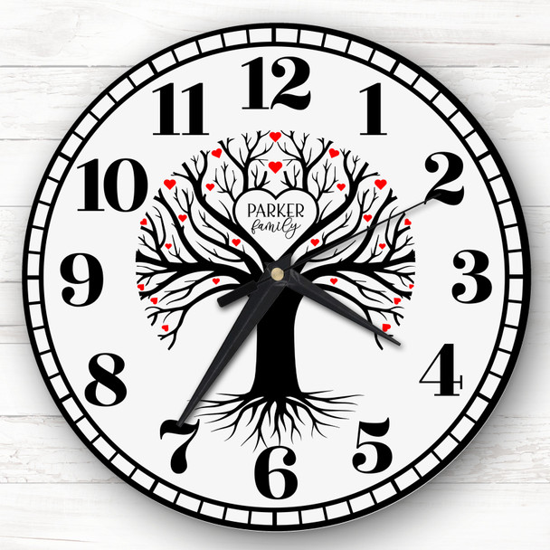 Family Tree Black Silhouette Red Hearts Personalised Gift Personalised Clock