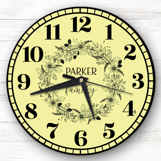 Yellow Black Floral Wreath Family Name Personalised Gift Personalised Clock