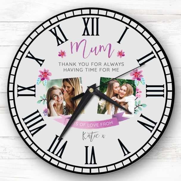 Mum Photo Banner Flowers Grey Personalised Gift Personalised Clock