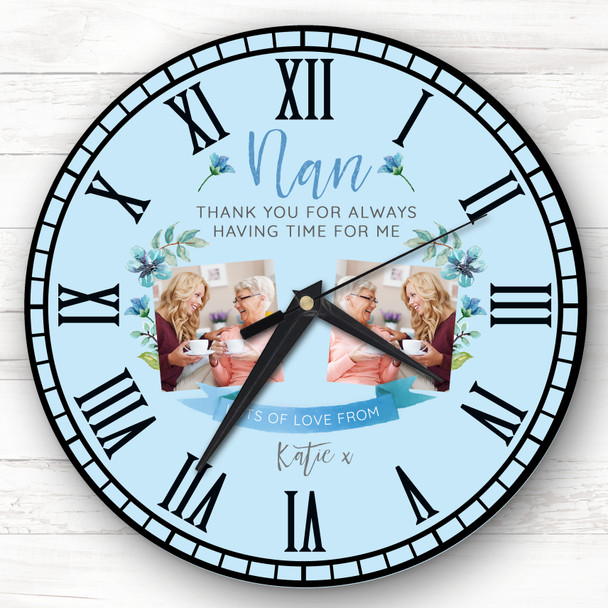 Nan Photo Flowers Blue Banner Personalised Gift Personalised Clock
