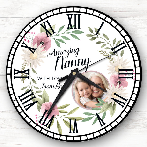 Amazing Nanny Floral Round Photo Mother's Day Birthday Gift Personalised Clock