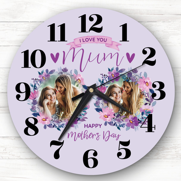 Mum Mother's Day Gift Purple Flower Photos Personalised Clock