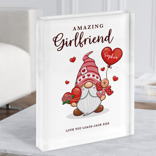 Romantic Gift For Girlfriend Gnome With Love Heart Personalised Acrylic Block