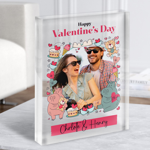 Valentine's Day Gift Hippo Colourful Doodles Personalised Clear Acrylic Block