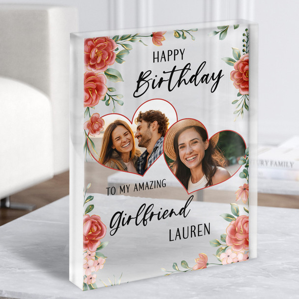 Birthday Gift For Girlfriend Hearts Floral Photo Custom Clear Acrylic Block