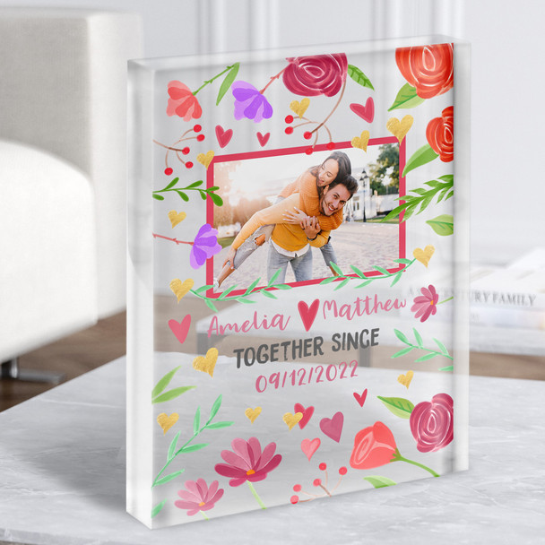 Together Since Flower Romantic Photo Gift Personalised Clear Acrylic Block