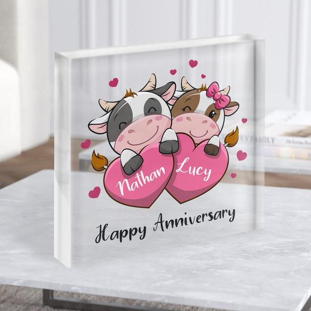 Cute Cow Couple Anniversary Gift Personalised Clear Square Acrylic Block