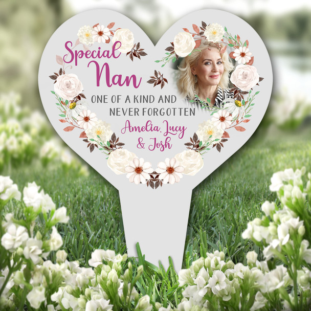 Heart Nan One Of Kind White Flower Photo Grey Grave Garden Plaque Memorial Stake