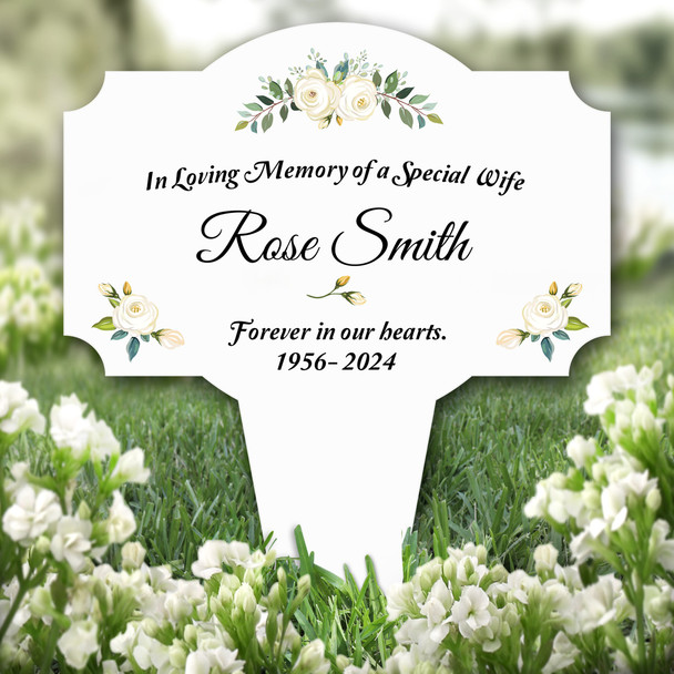 Wife White Roses Remembrance Garden Plaque Grave Marker Memorial Stake