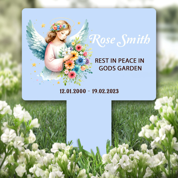Floral Angel Blue Remembrance Garden Plaque Grave Marker Memorial Stake