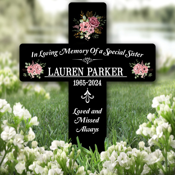 Cross Sister Black Pink Floral Remembrance Garden Plaque Grave Memorial Stake