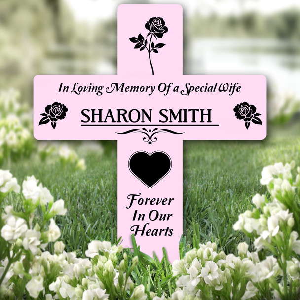Cross Pink Wife Black Rose Remembrance Garden Plaque Grave Marker Memorial Stake