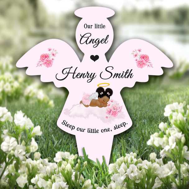 Angel Pink Dark Skin Baby Girl Wings Remembrance Grave Plaque Memorial Stake