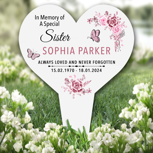 Heart Sister Pink Butterflies Remembrance Garden Plaque Grave Memorial Stake