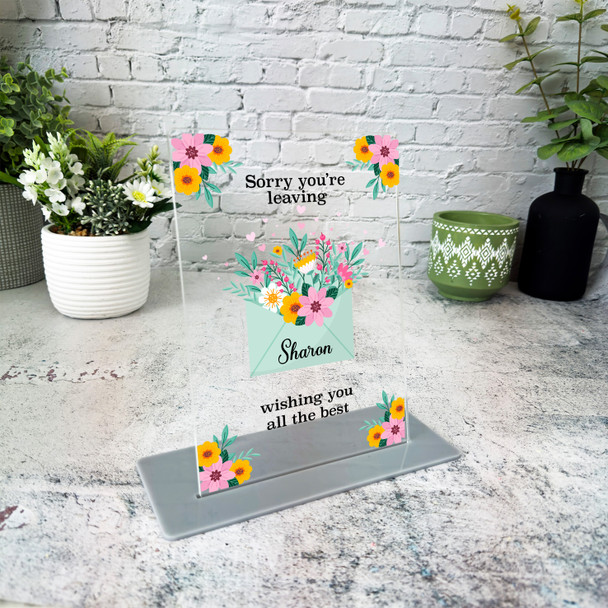 Sorry You Are Leaving Gift Floral Envelope Personalised Gift Acrylic Plaque